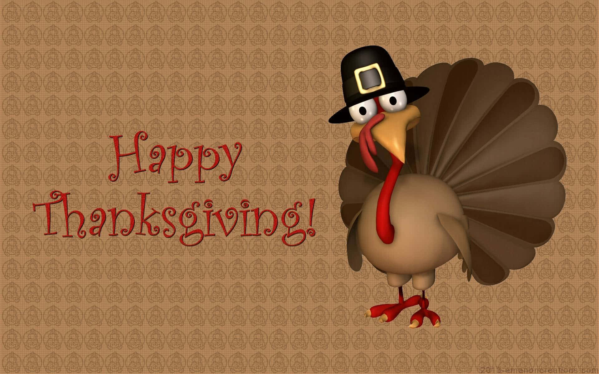 Cartoon Thanksgiving 桌布 壁紙 — 一隻戴著朝聖者帽子的快樂卡通火雞站在有圖案的棕色背景上，旁邊是紅色草書文字寫著 Happy Thanksgiving。