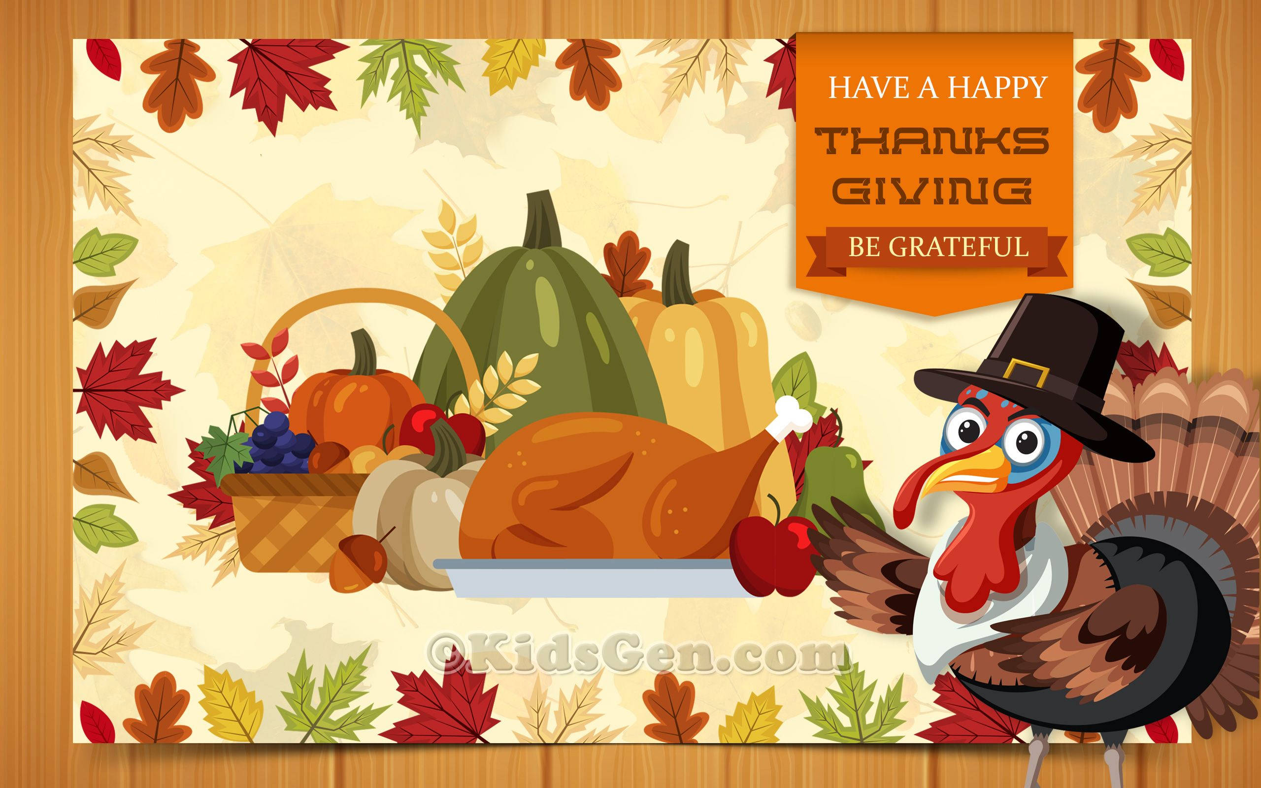 Turkey Happy Thanksgiving 桌布 壁紙 — 一隻戴著朝聖者帽子的快樂卡通火雞站在烤火雞和色彩繽紛的樹葉框住的秋季豐收盛宴旁邊。