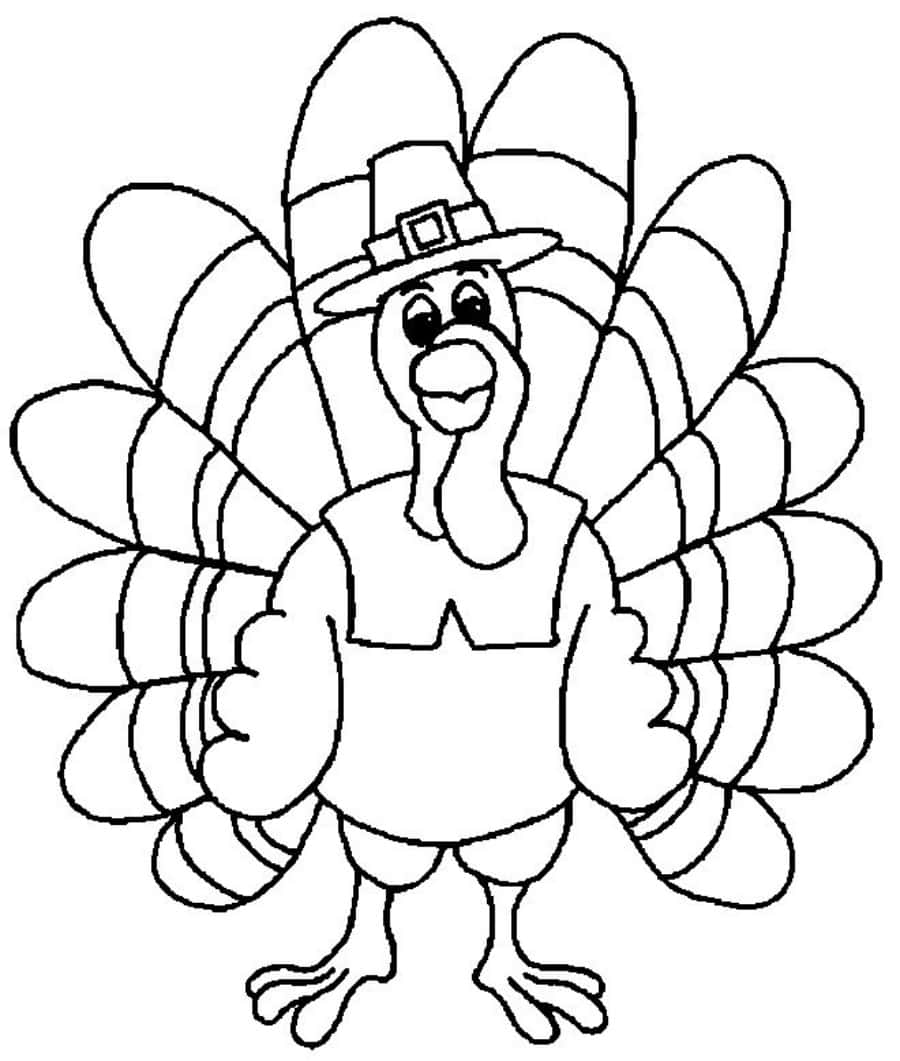 Turkey Coloring 桌布 壁紙 — 一隻戴著朝聖者帽子的快樂卡通火雞，自豪地站著，展開的尾羽已勾勒出輪廓，可供填色。
