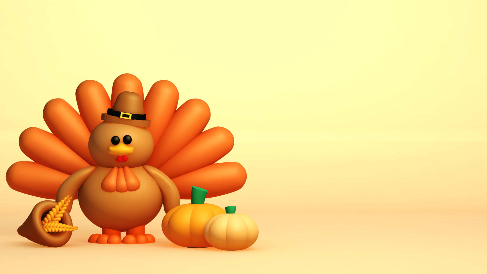 Funny Turkey 桌布 壁紙 — 一隻戴著朝聖者帽子的開心3D火雞站在南瓜和小麥旁邊，背景是溫暖的黃色漸變。