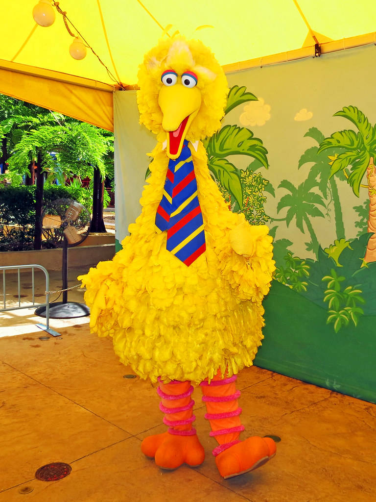 Big Bird 桌布 壁紙 — 一隻戴著條紋領帶的大型黃色大鳥吉祥物站在黃色帳篷下，背景是熱帶壁畫。