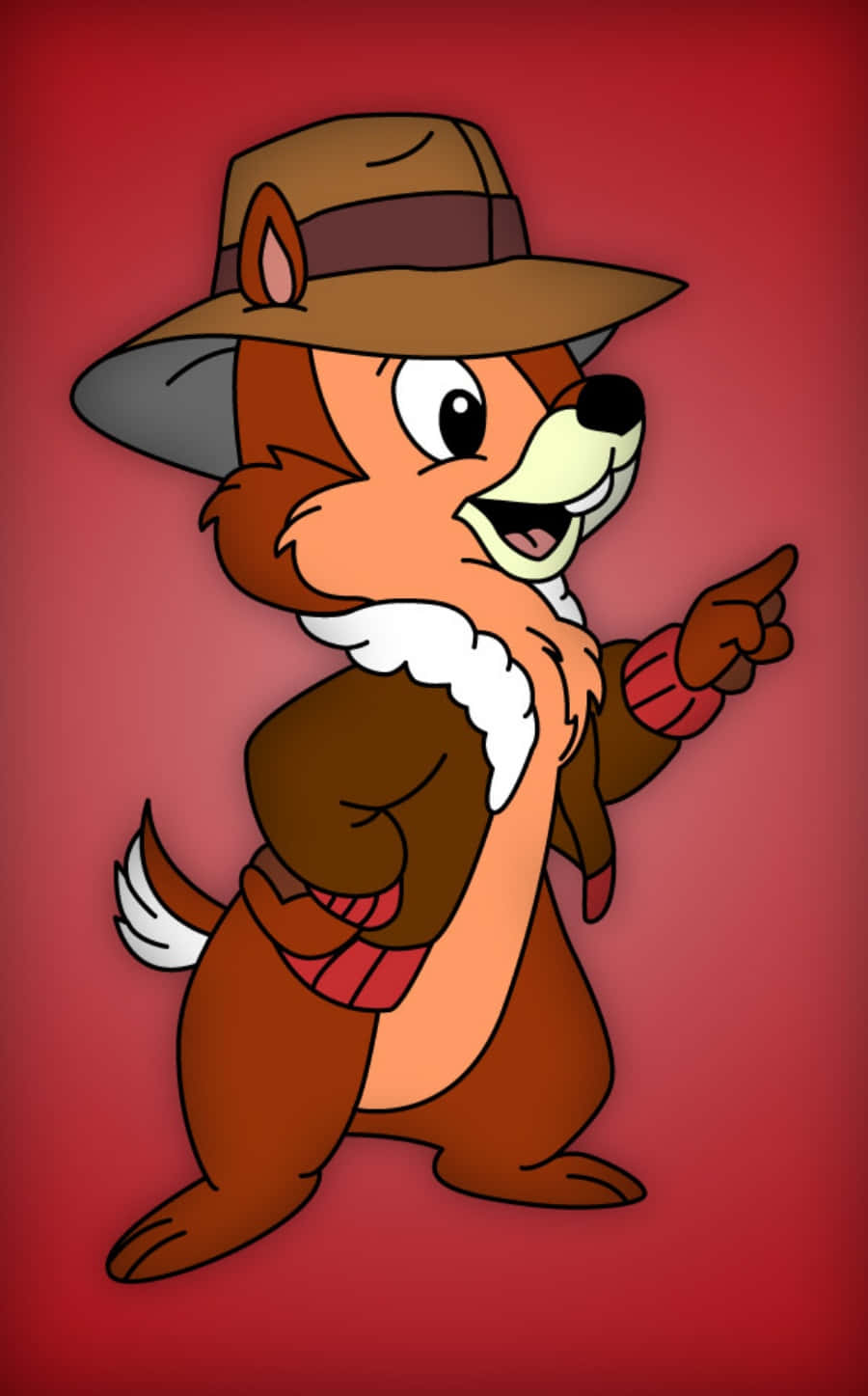 Chip N Dale 桌布 壁紙 — 一隻戴著棕色軟呢帽和圍巾的開心卡通花栗鼠，在純紅色背景上興奮地指著。