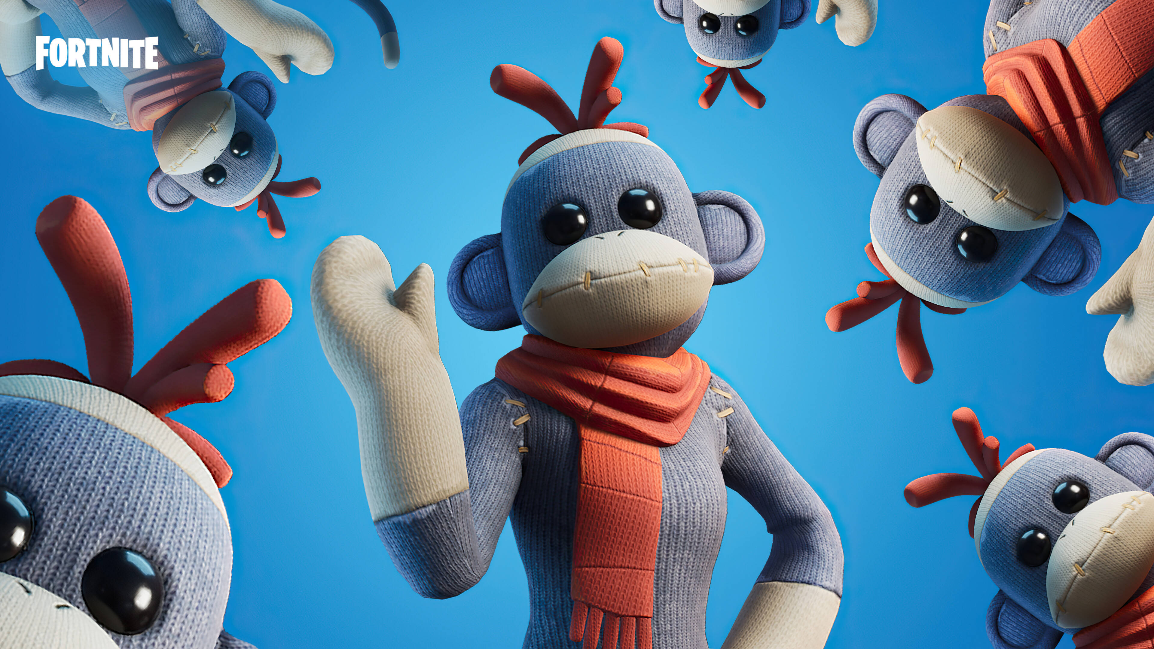Fortnite 造型 桌布 壁紙 — 一隻戴著橙色圍巾的快樂藍色襪子猴子在明亮的藍色背景前揮手，周圍漂浮著相同的猴子。