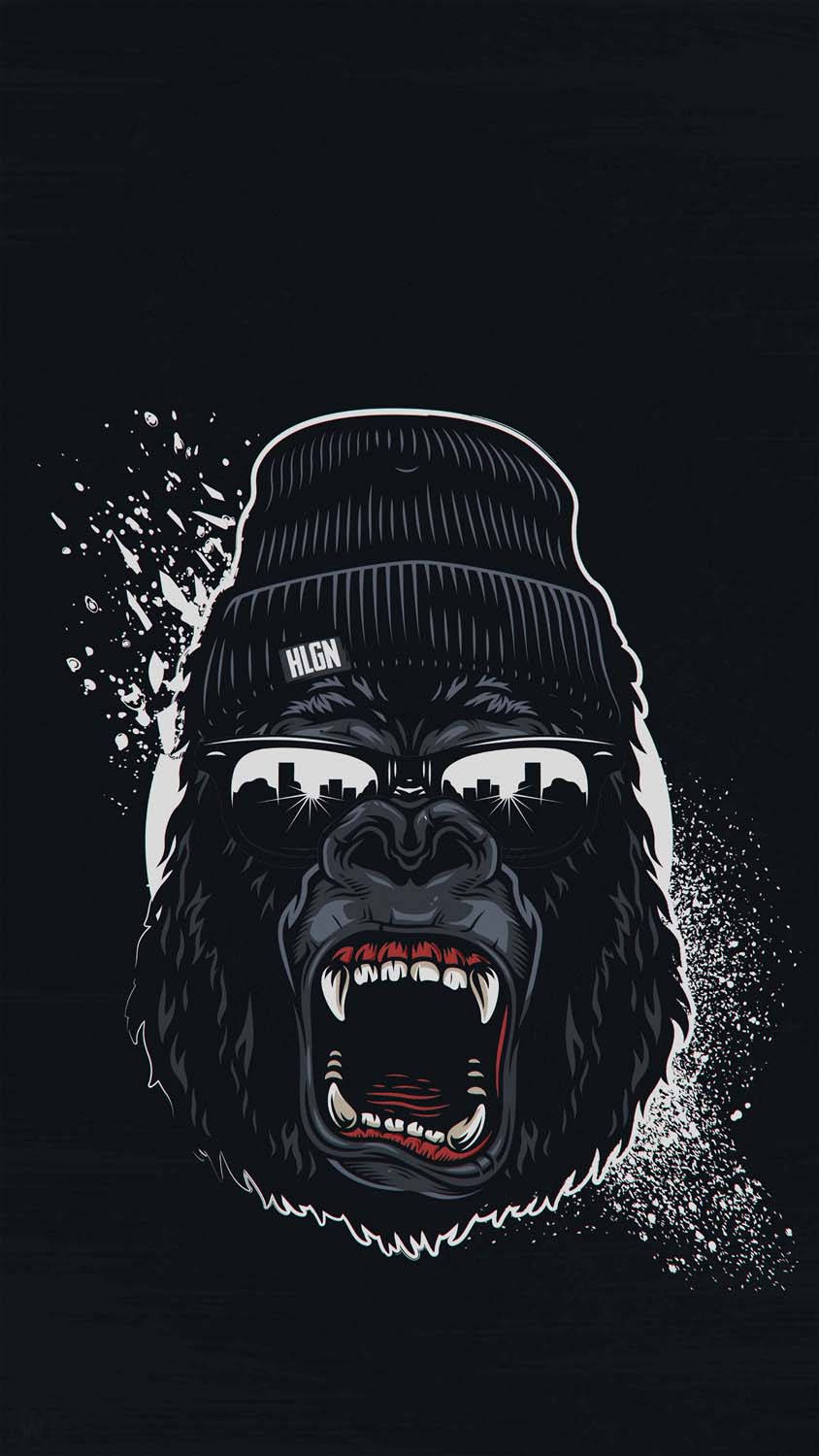 Gorilla 桌布 壁紙 — 一隻戴著毛帽和太陽眼鏡的風格化大猩猩，帶有城市天際線倒影，在深色背景上咆哮。