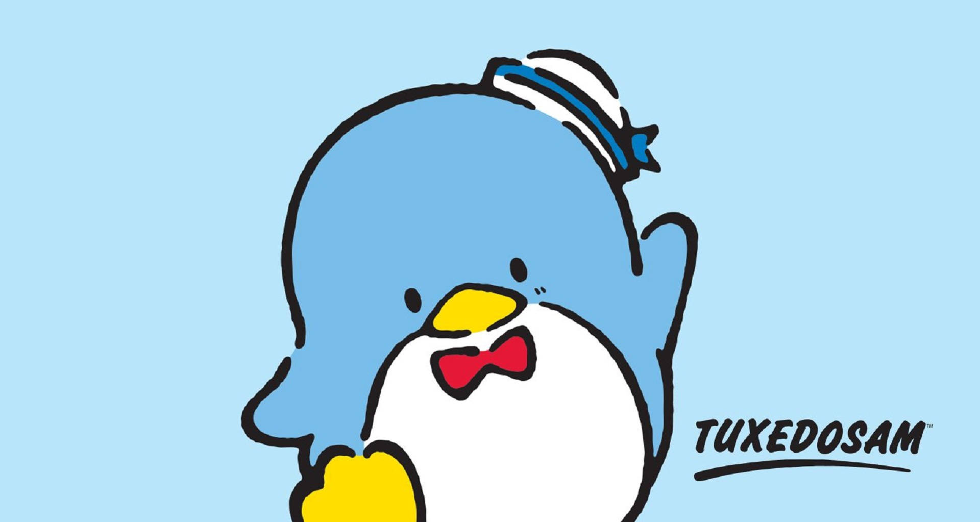 Tuxedo 桌布 壁紙 — 一隻戴著水手帽和紅色領結的開心藍色企鵝在淺藍色背景上微笑。