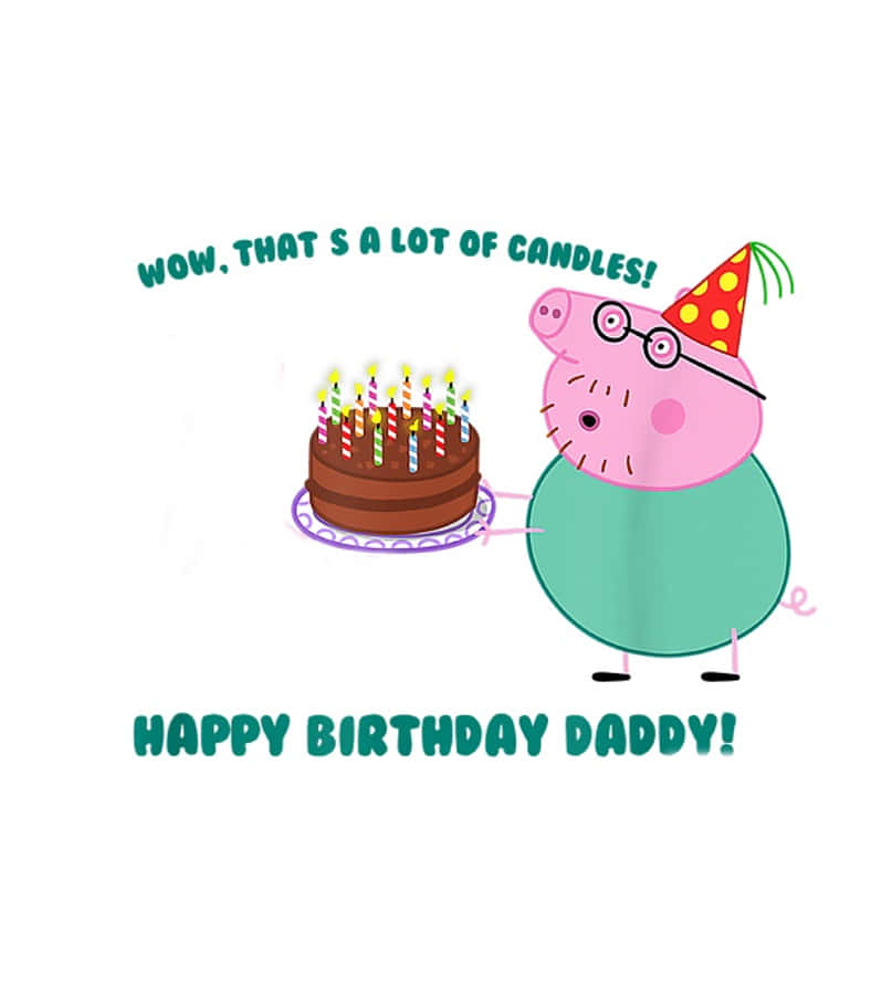 Daddy Pig 桌布 壁紙 — 一隻戴著派對帽和眼鏡的卡通豬對著一個插滿點燃蠟燭的生日蛋糕驚嘆。