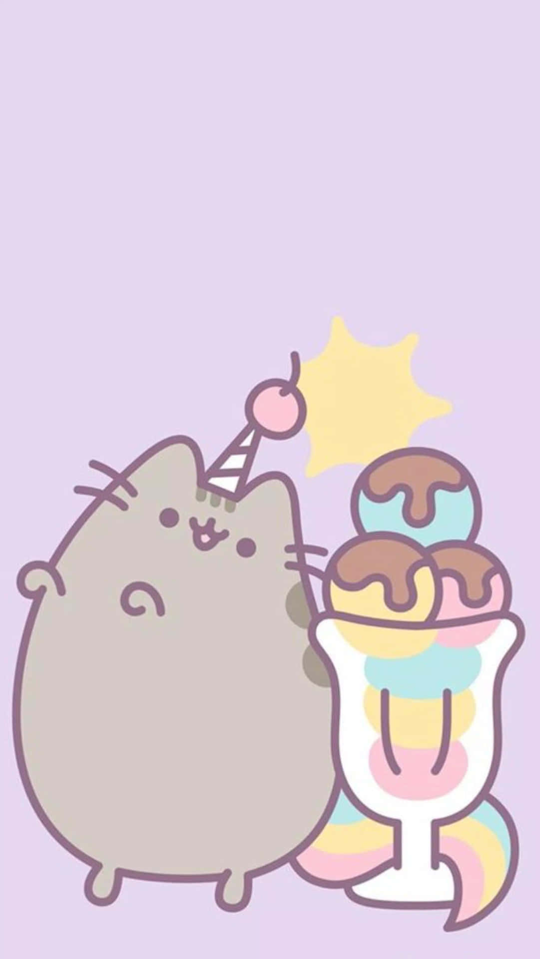 一隻戴著派對帽的卡通貓咪旁邊有一個帶櫻桃的彩色聖代。 — Pusheen 動圖 壁紙