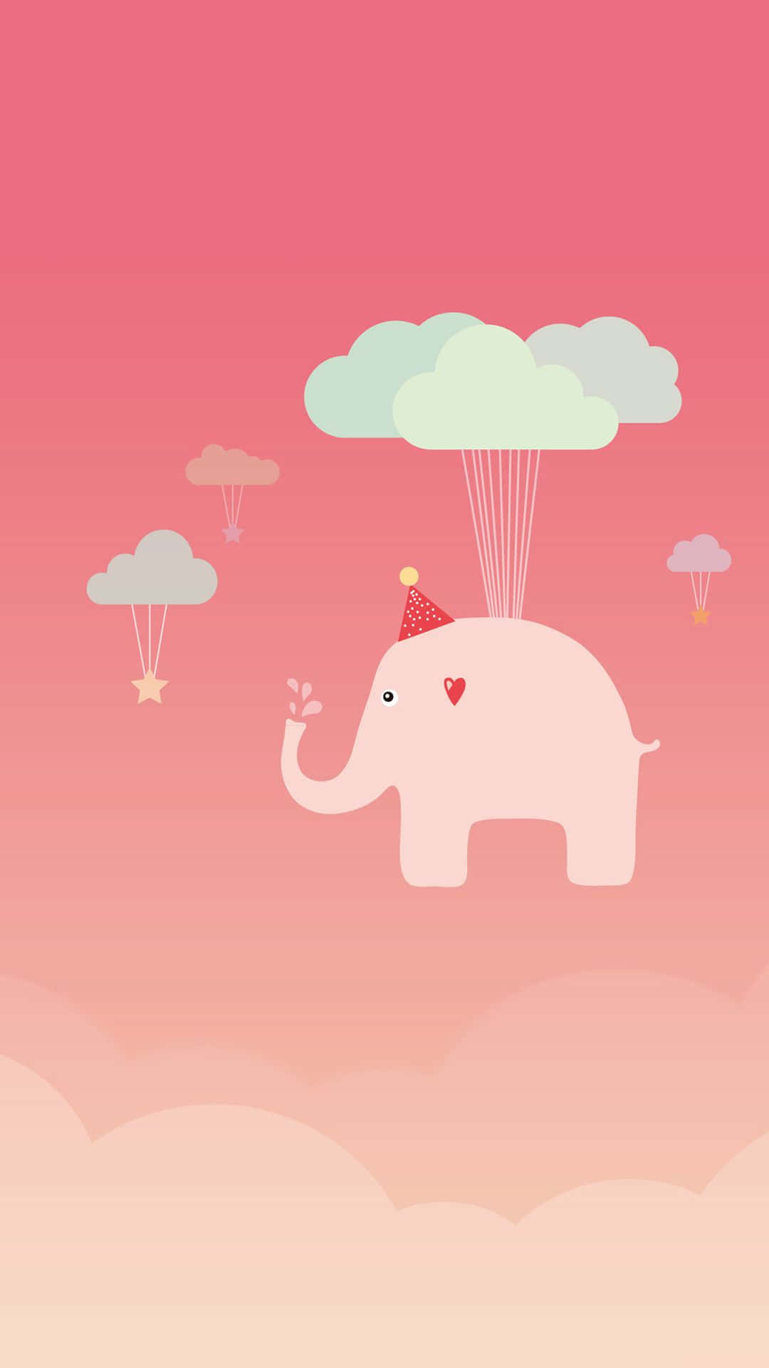 Kawaii Elephant 桌布 壁紙 — 一隻戴著派對帽的可愛粉紅色大象漂浮在漸變粉紅色天空中的柔和雲朵之間。