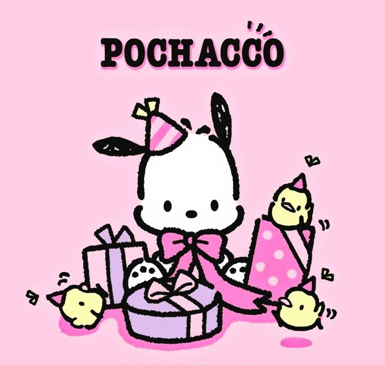 Pochacco 桌布 壁紙 — 一隻戴著派對帽的快樂卡通狗坐在粉紅色背景上，周圍環繞著禮物和小雞。