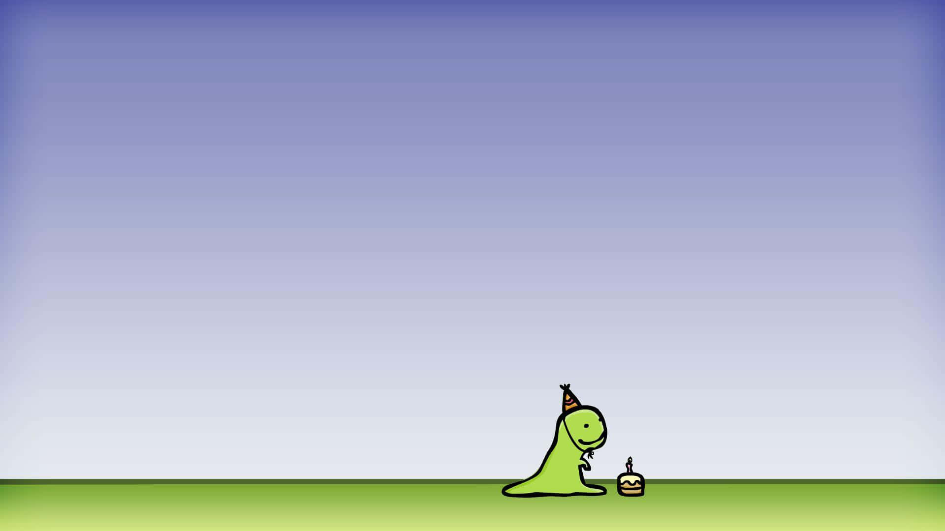 Cartoon Dinosaur 桌布 壁紙 — 一隻戴著派對帽的快樂綠色卡通恐龍站在草地上，旁邊有一個插著一根蠟燭的小生日蛋糕，背景是漸變色的天空。