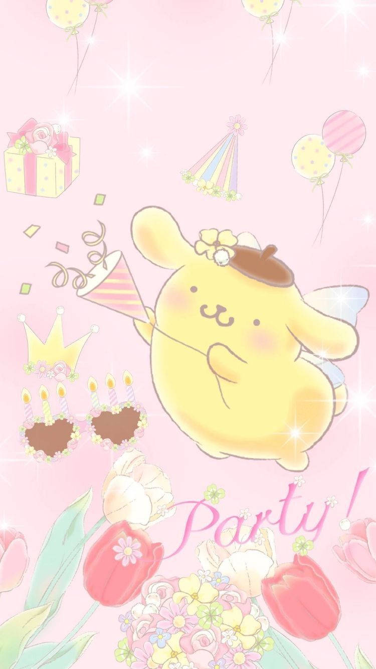 sanrio 桌布 壁紙 — 一隻戴著派對帽的快樂黃色兔子，在閃閃發光的粉紅色背景上，用氣球、禮物和鮮花慶祝。