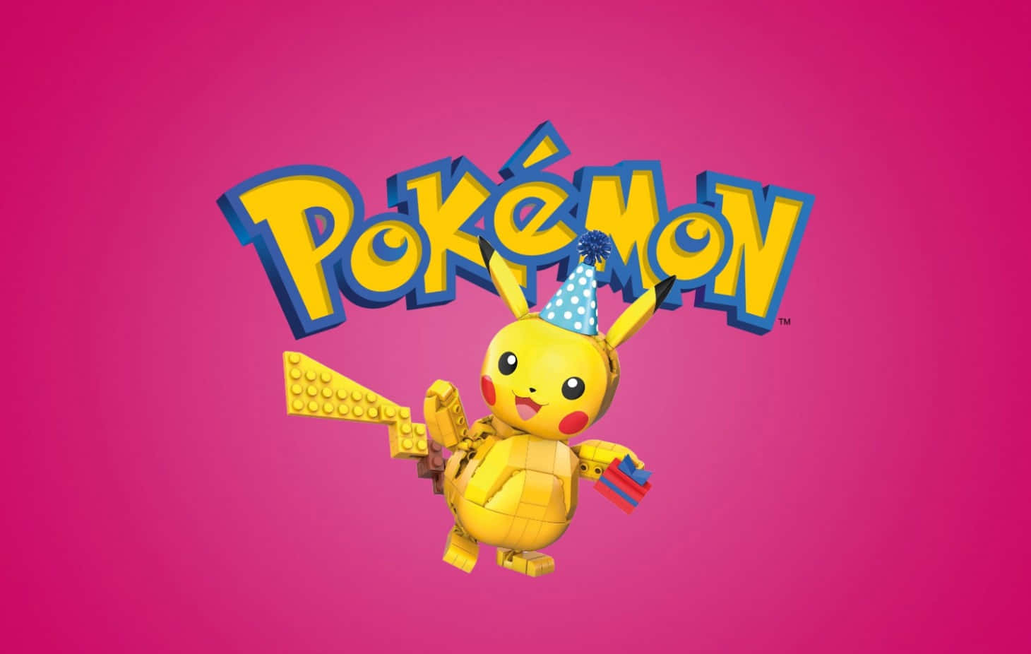 Pokemon Toys 桌布 壁紙 — 一隻戴著派對帽的開心 LEGO 皮卡丘在充滿活力的粉紅色背景上快樂地跳舞，背景上有 Pokémon 標誌。