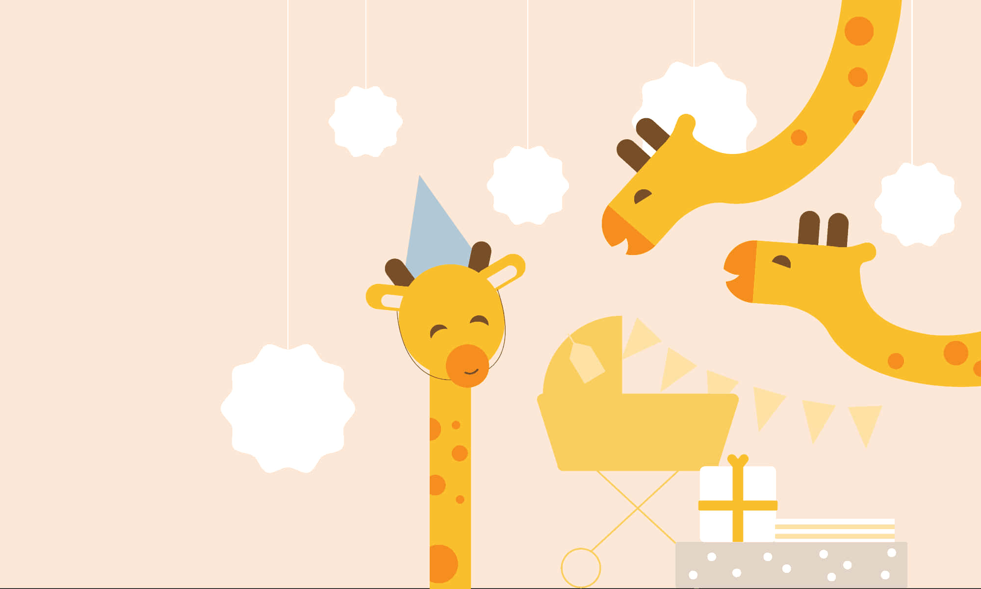 giraffes 桌布 壁紙 — 一隻戴著派對帽的開心卡通長頸鹿，掛在嬰兒車和禮物旁邊，背景是柔和的米色，有飄浮的白雲。