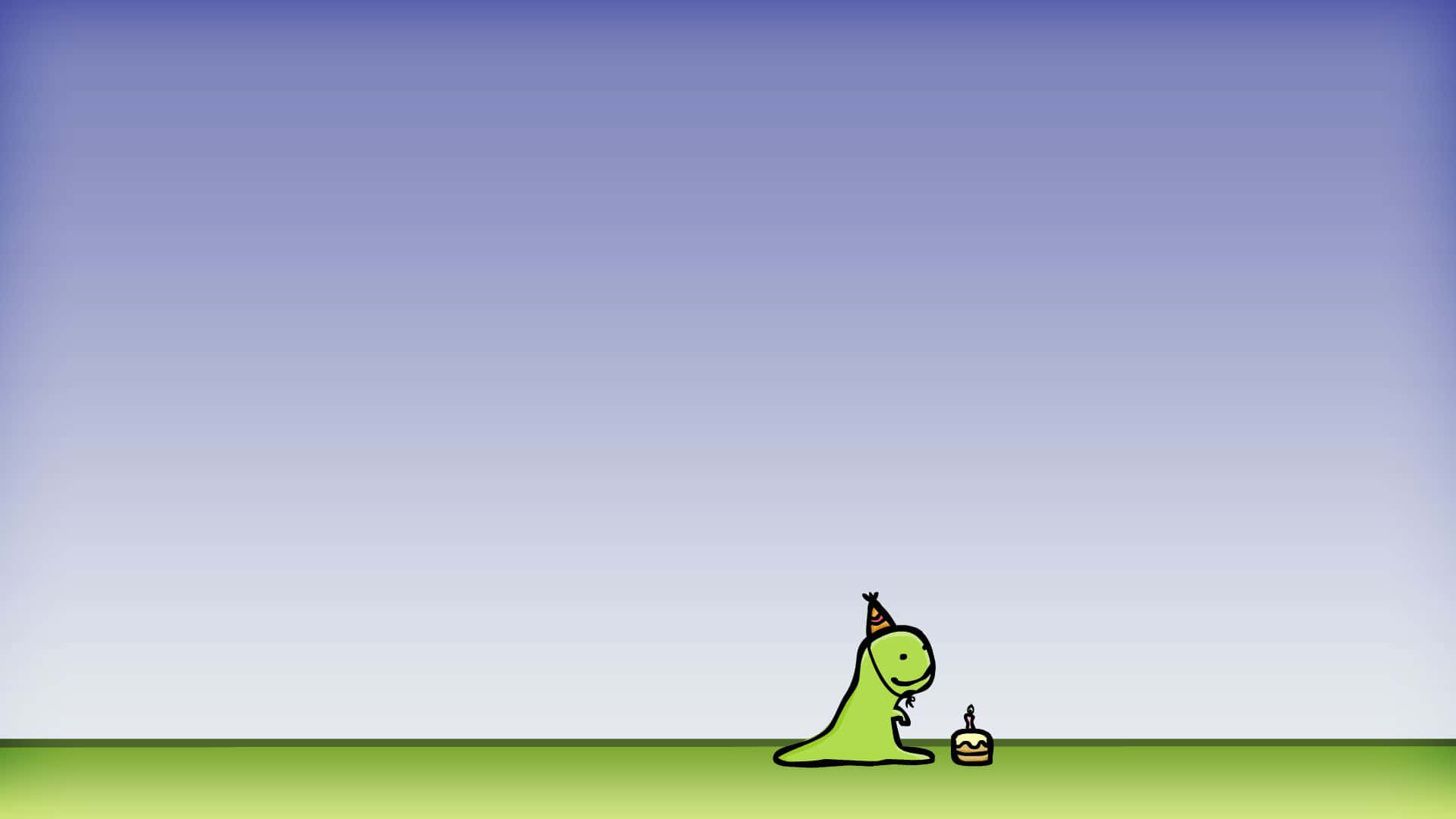 Cute Green Dinosaur 桌布 壁紙 — 一隻戴著派對帽的開心綠色卡通恐龍，在漸層天空下的草地上，凝視著一個插著一根蠟燭的小生日蛋糕。