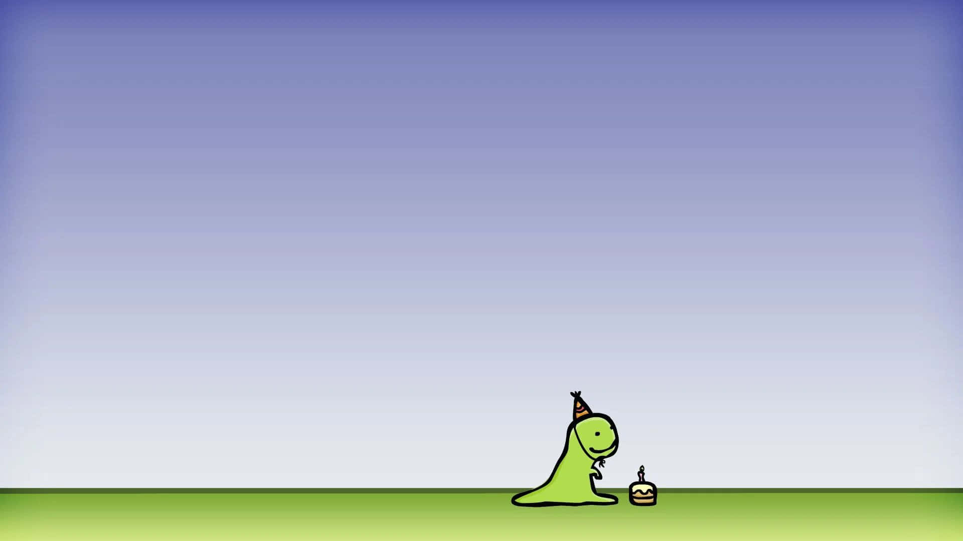 Dinosaur Cartoon 桌布 壁紙 — 一隻戴著派對帽的開心綠色卡通恐龍站在草地上，旁邊有一個插著一根蠟燭的小生日蛋糕，背景是漸層色的天空。