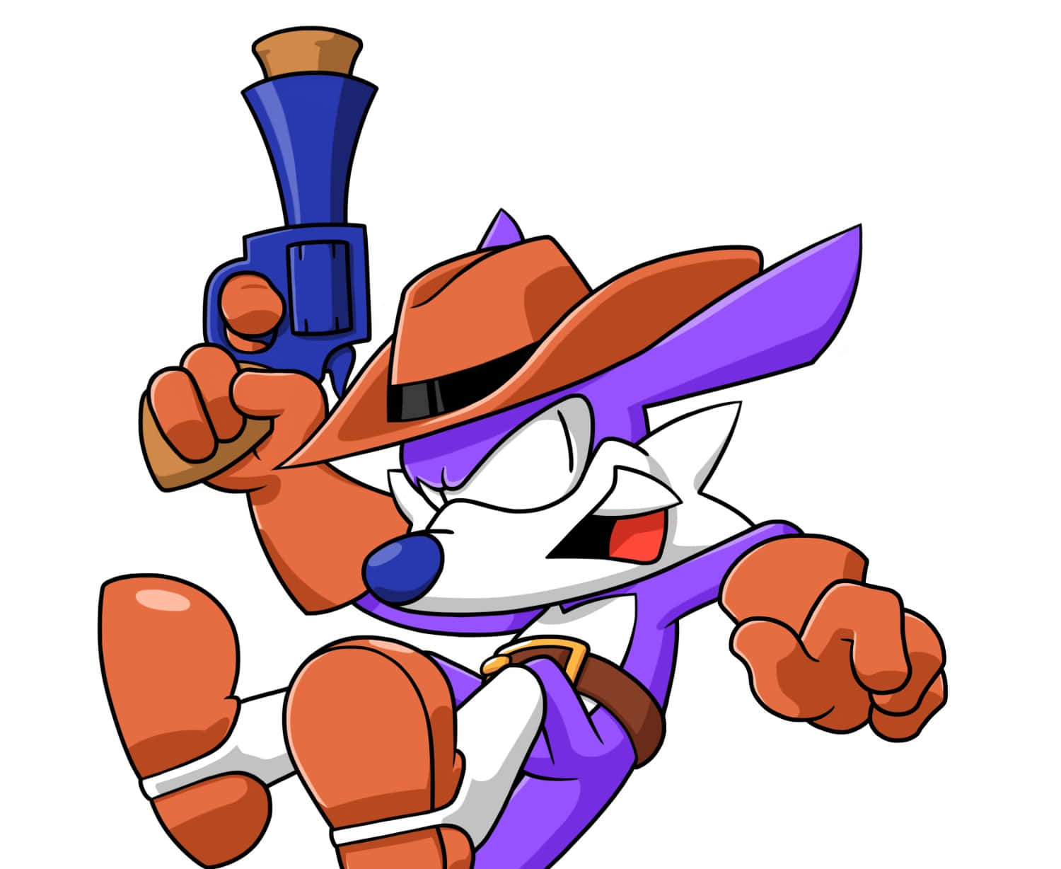Fang The Sniper 桌布 壁紙 — 一隻戴著牛仔帽、身穿紫色西裝的卡通狐狸，帶著堅定的笑容瞄準一把藍色左輪手槍。