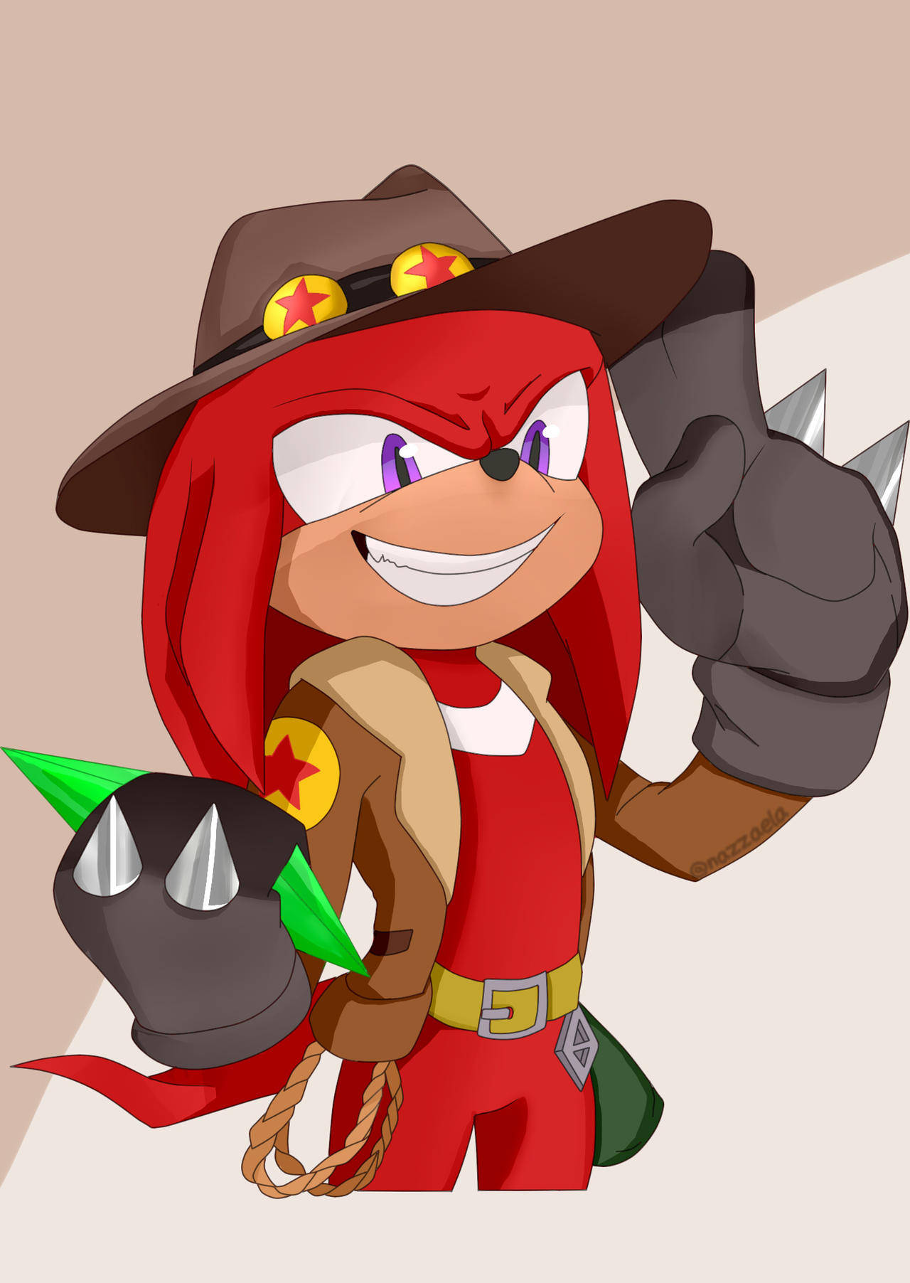Knuckles 桌布 壁紙 — 一隻戴著牛仔帽和尖刺手套的開心紅色擬人狐狸，自信地拿著繩索和綠色武器擺姿勢。