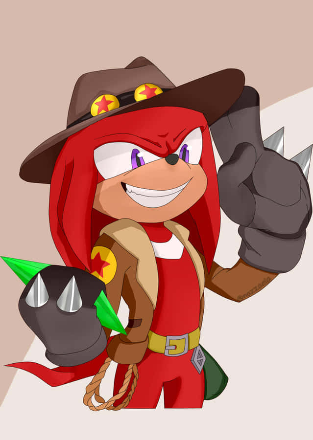 Sonic Characters 桌布 壁紙 — 一隻戴著牛仔帽和尖刺手套的開心紅色擬人狐狸，拿著綠色帽子和繩子擺出俏皮的姿勢。