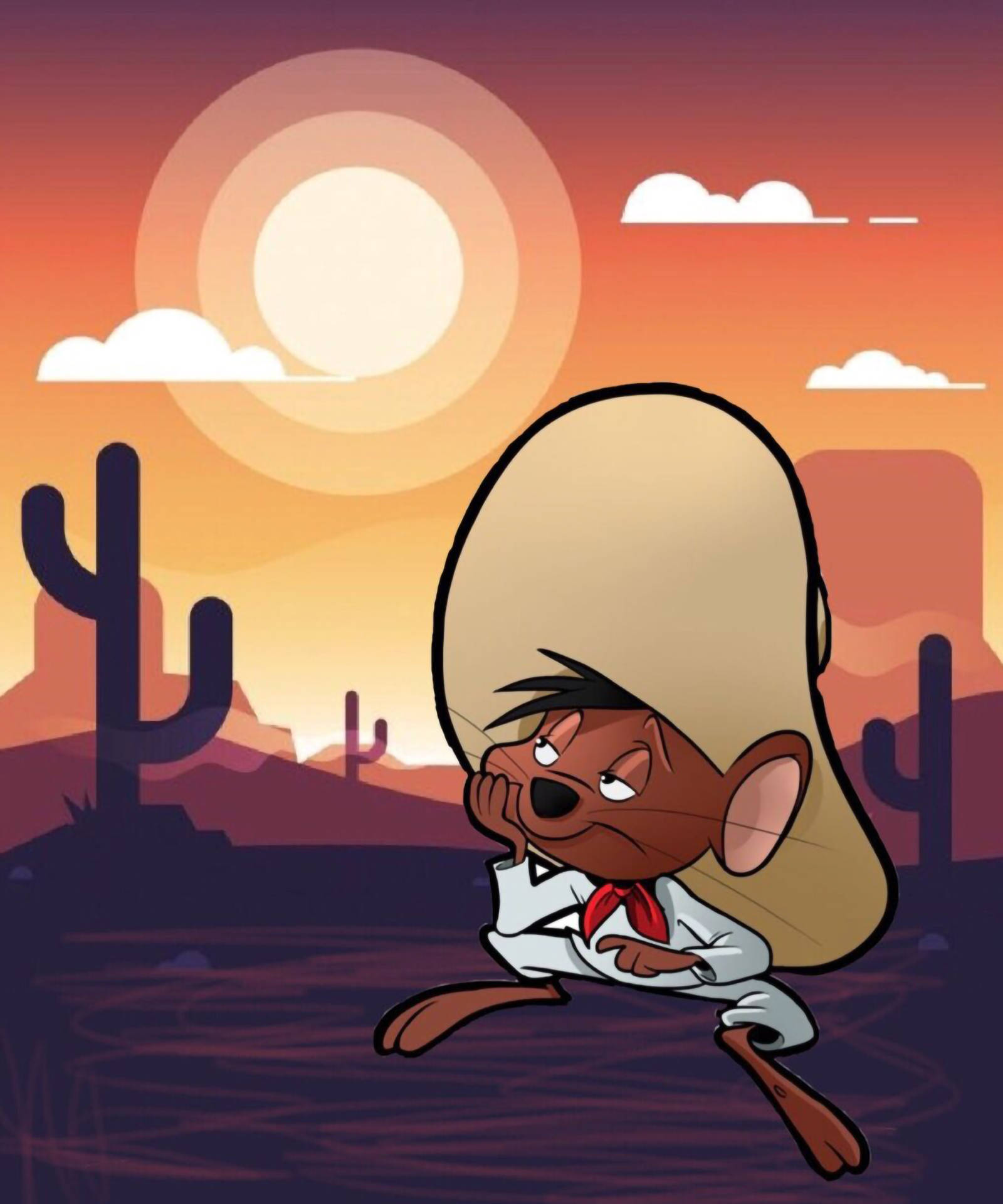 Speedy Gonzales 桌布 壁紙 — 一隻戴著牛仔帽和紅色領帶的卡通老鼠在日落時分跑過沙漠，背景有仙人掌和一個大太陽。