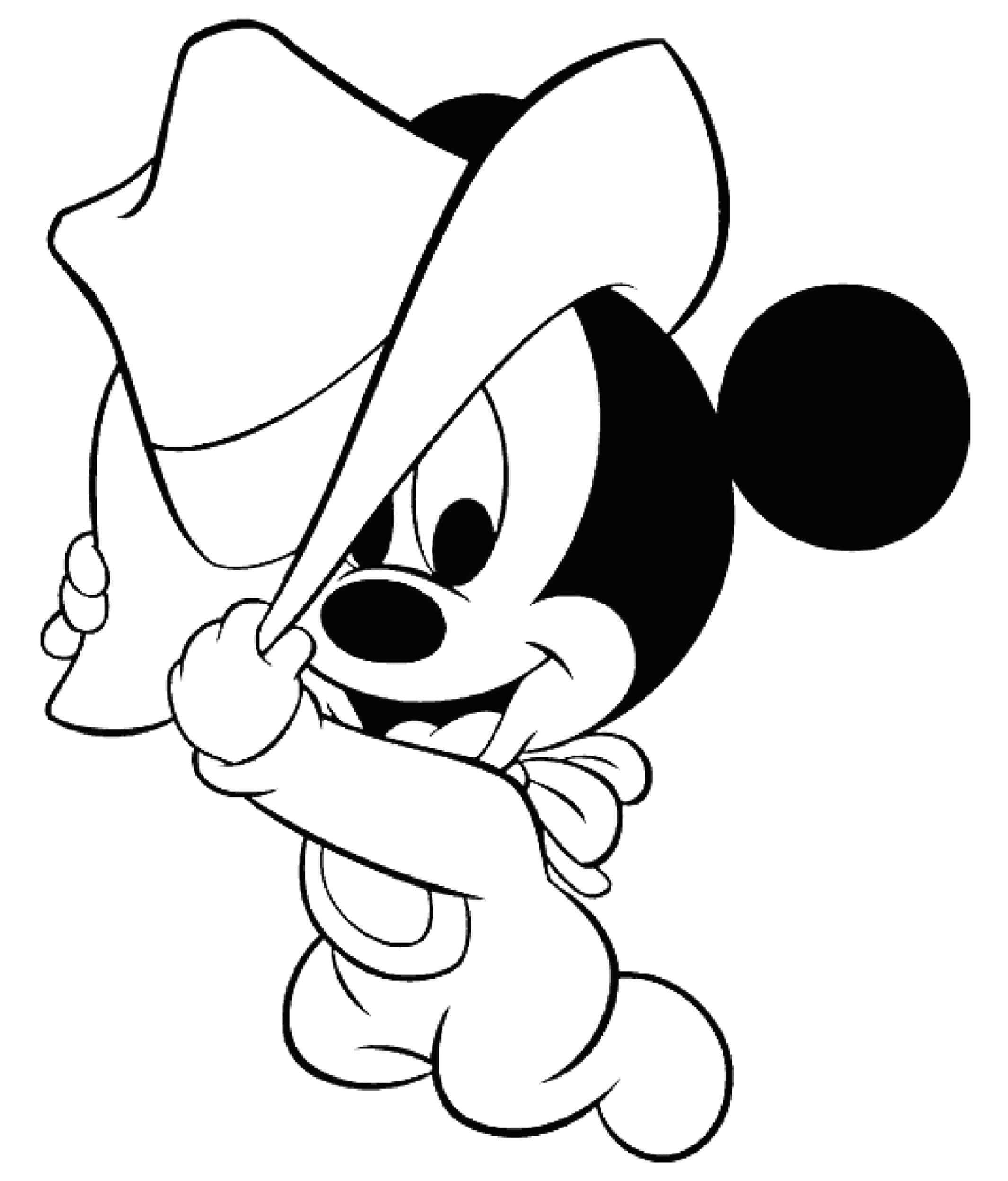 Mickey Mouse Colouring 桌布 壁紙 — 一隻戴著牛仔帽和領結的開心卡通老鼠，雙手舉起帽子微笑。