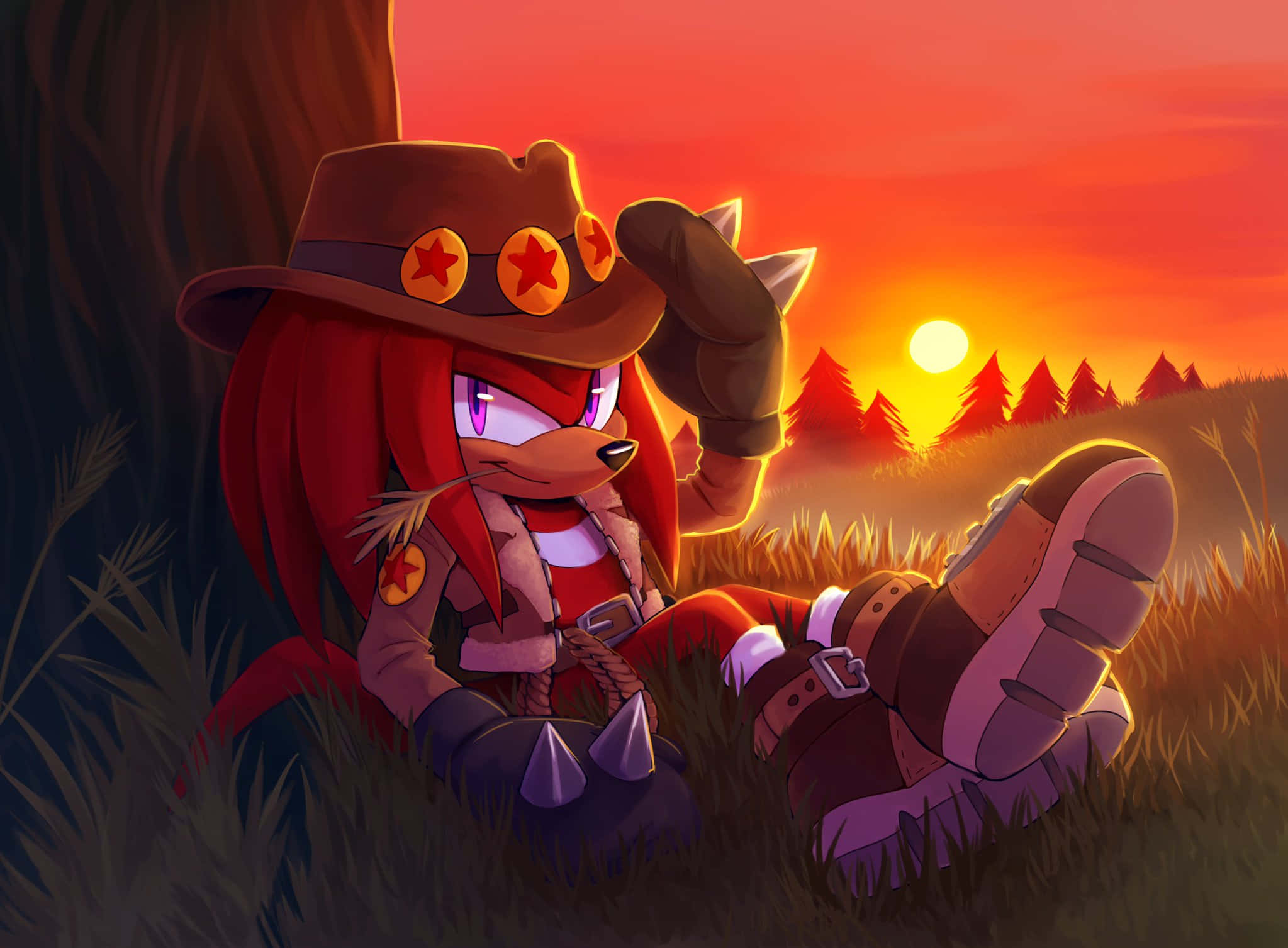Sonic Dash 桌布 壁紙 — 一隻戴著牛仔帽的紅狐在夕陽下的草地上休息，背景是溫暖的橙色天空和遠處的松樹。