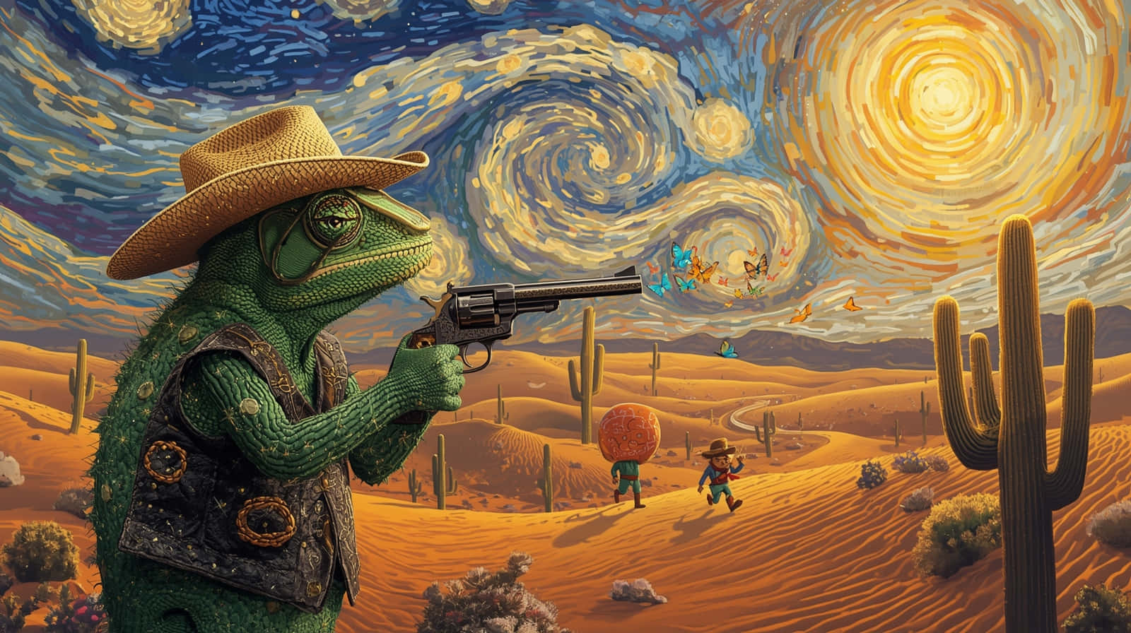 The Butterfly Shooter Surreal Desert Starry Night Art Wallpaper 壁紙 — 一隻戴著牛仔帽的綠色變色龍在沙漠中瞄準左輪手槍，背景是梵谷風格的漩渦天空，有仙人掌和遠處的人物。