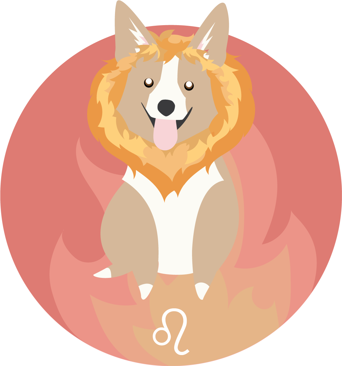 柯基 桌布 壁紙 — 一隻戴著獅子鬃毛的開心柯基犬，驕傲地坐在粉紅色圓形背景前，帶有獅子座星座符號。