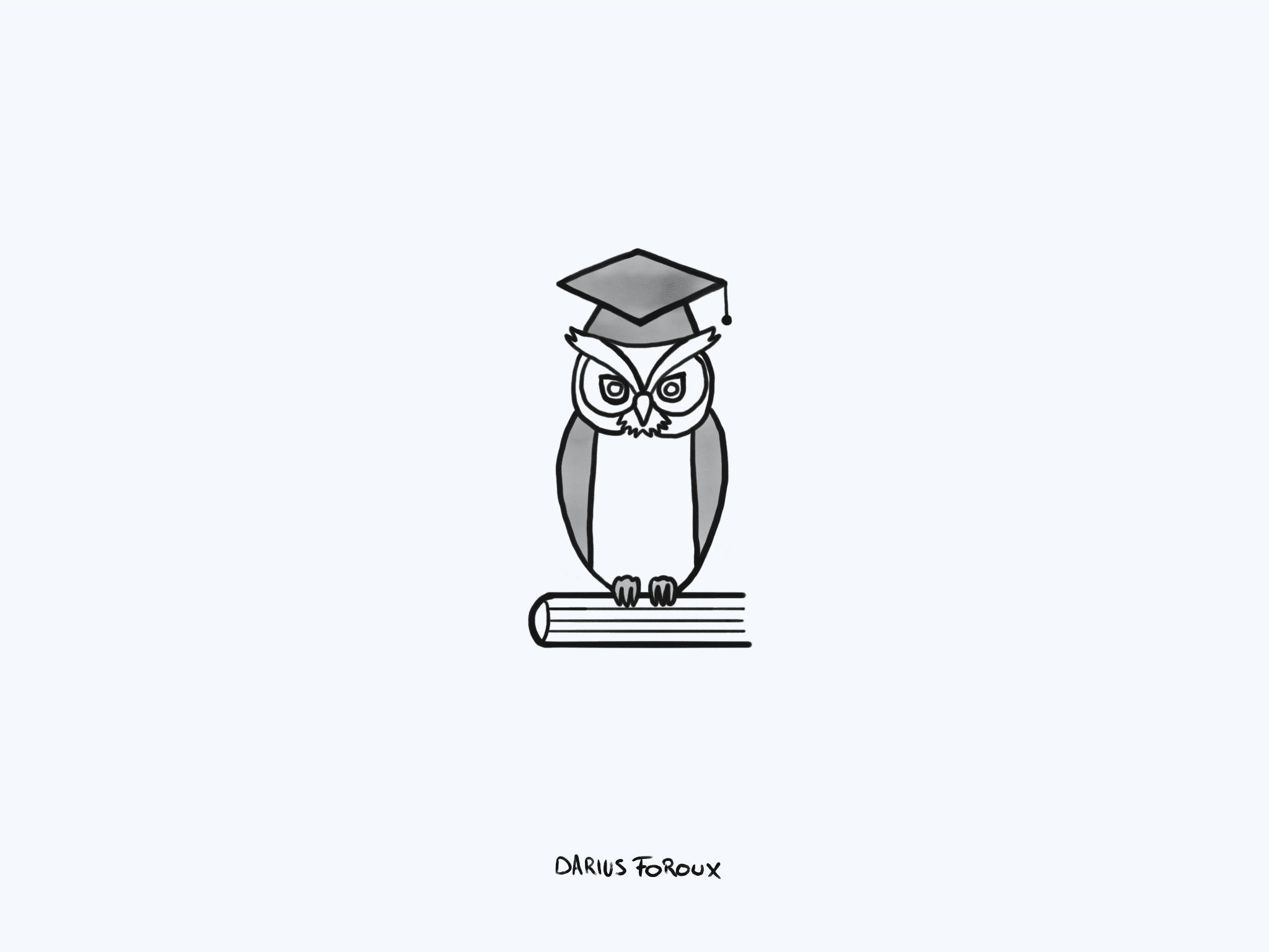 Wise 桌布 壁紙 — 一隻戴著畢業帽的極簡線條藝術貓頭鷹棲息在一本書上，背景為純淺灰色。