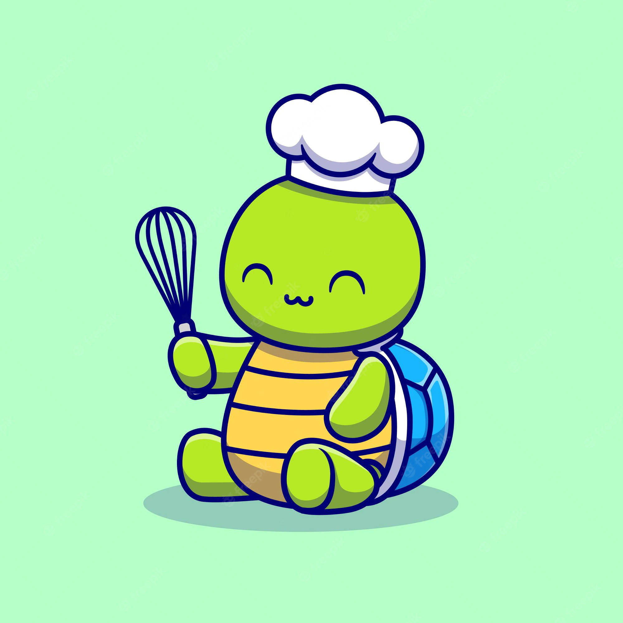 Cartoon Turtle 桌布 壁紙 — 一隻戴著白色廚師帽、開心的綠色卡通龜廚師在薄荷綠色背景前拿著打蛋器。