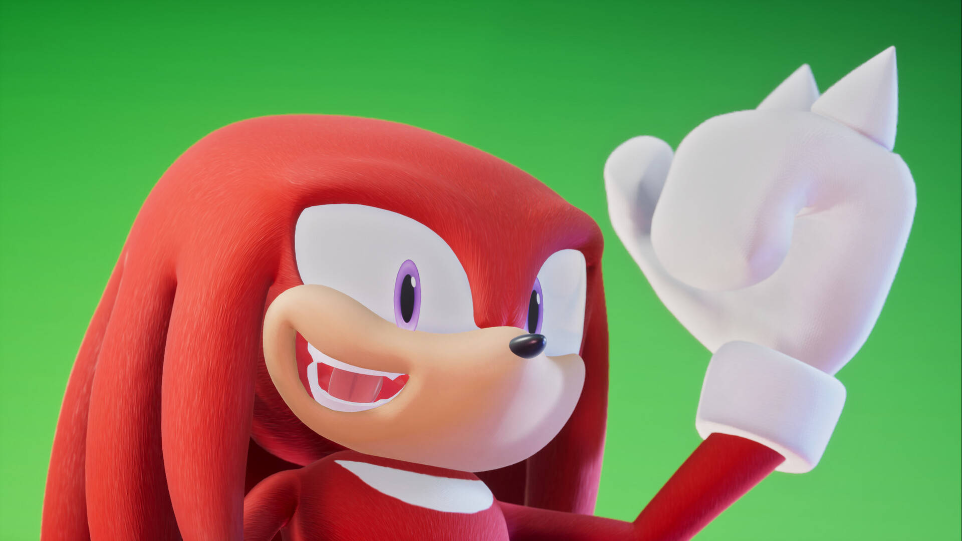 Knuckles 桌布 壁紙 — 一隻戴著白色手套、開心的紅色擬人化刺蝟，在純綠色背景前開心地揮手。