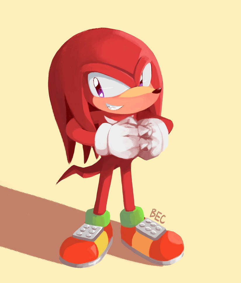 Knuckles 桌布 壁紙 — 一隻戴著白色手套和橙色鞋子的快樂紅色刺蝟，自信地站在淡黃色背景前。