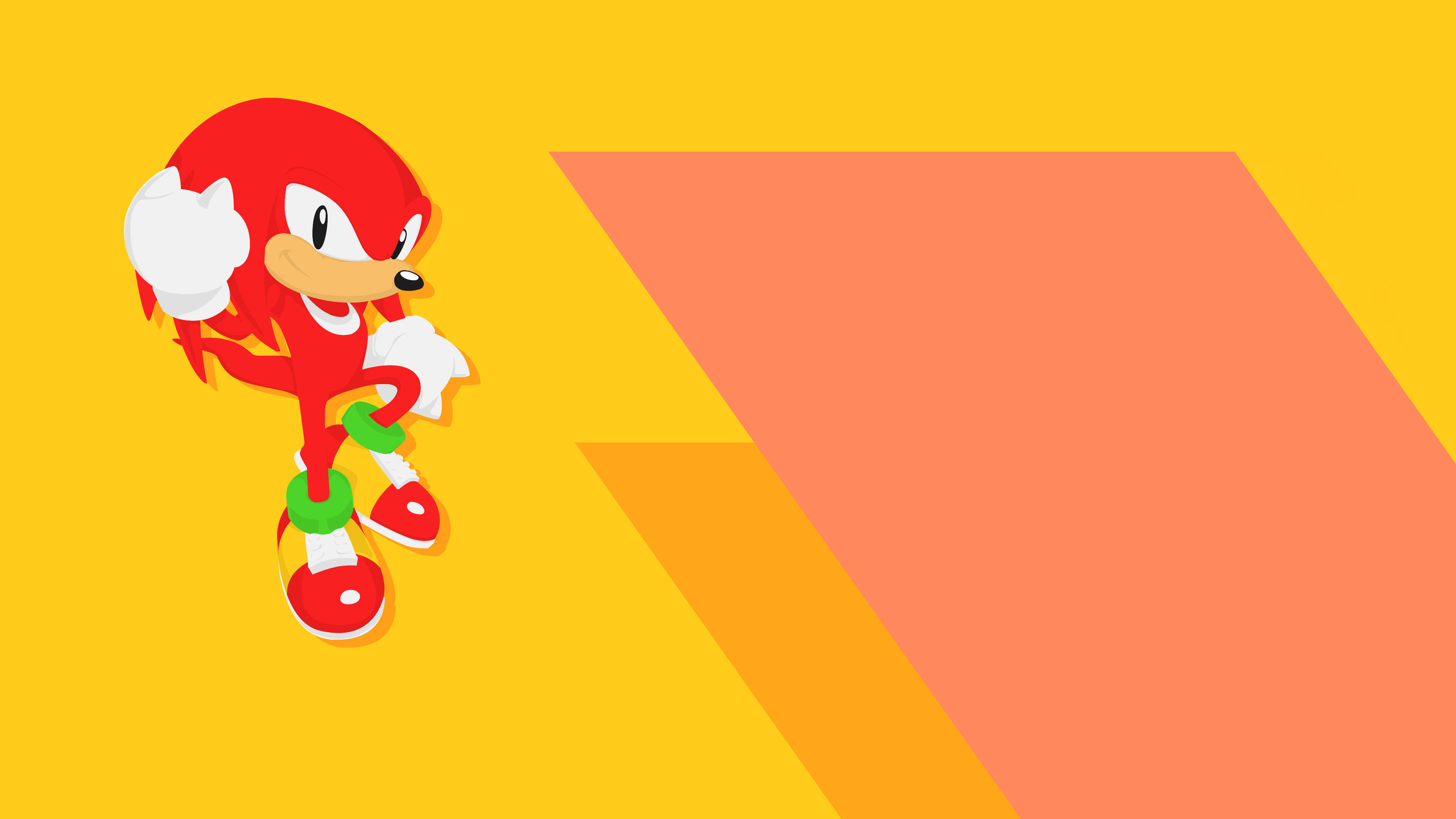 Knuckles 桌布 壁紙 — 一隻戴著白色手套和鞋子的開心紅色刺蝟，在鮮明的黃色和橙色幾何背景上充滿活力地奔跑。