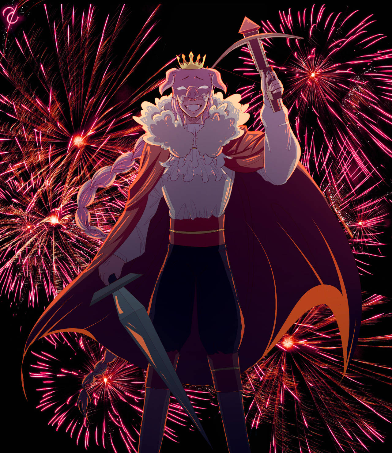 technoblade 桌布 壁紙 — 一隻戴著皇冠的擬人化豬穿著皇室服飾，在爆炸性的粉紅色煙火背景下揮舞著鐮刀和劍。