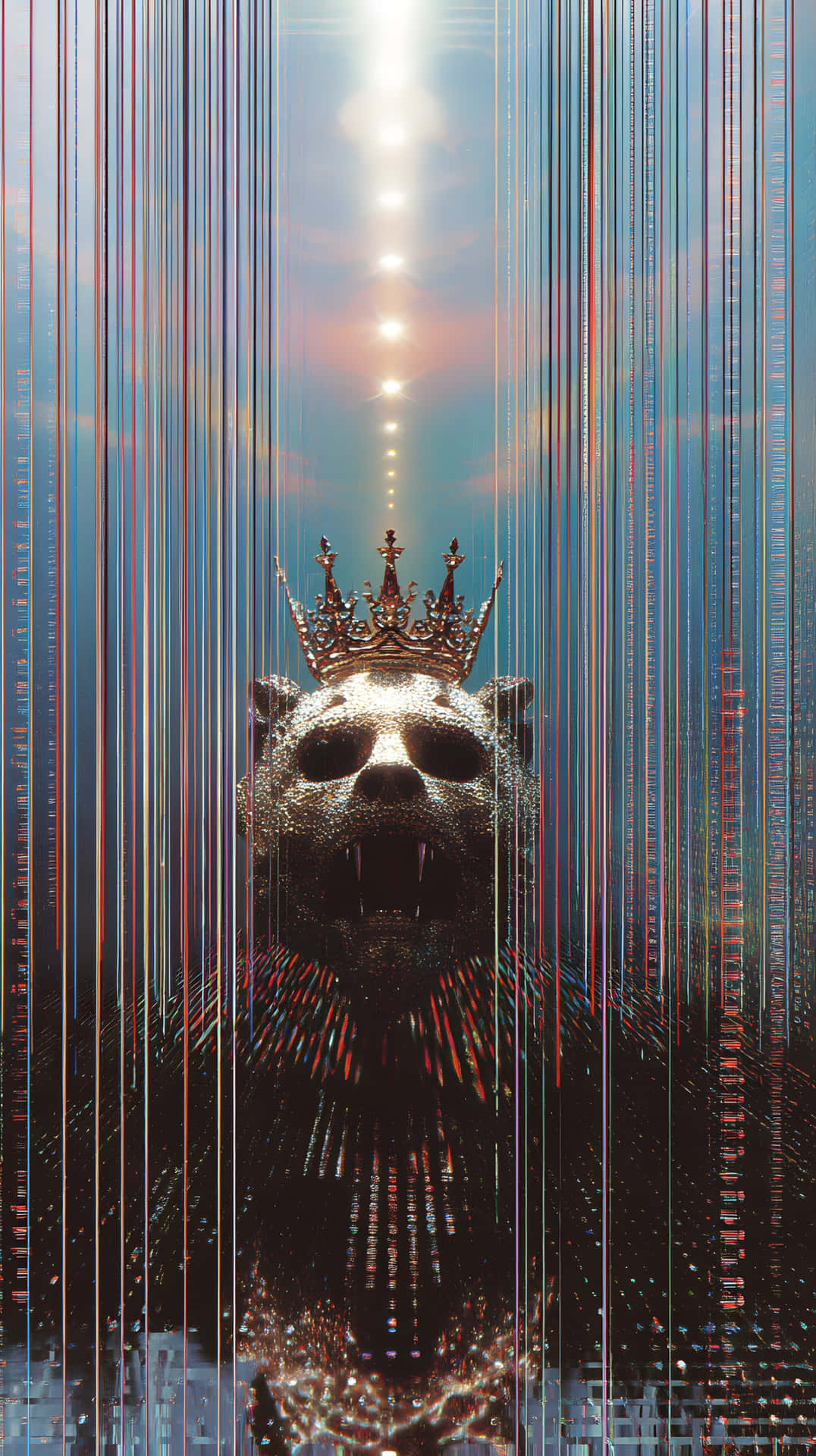 Glitch bear king crowned vertical data stream 壁紙 — 一隻戴著皇冠的數位黑豹，擁有發光的眼睛和鋒利的牙齒，在燦爛的天空下從垂直數據流中出現。