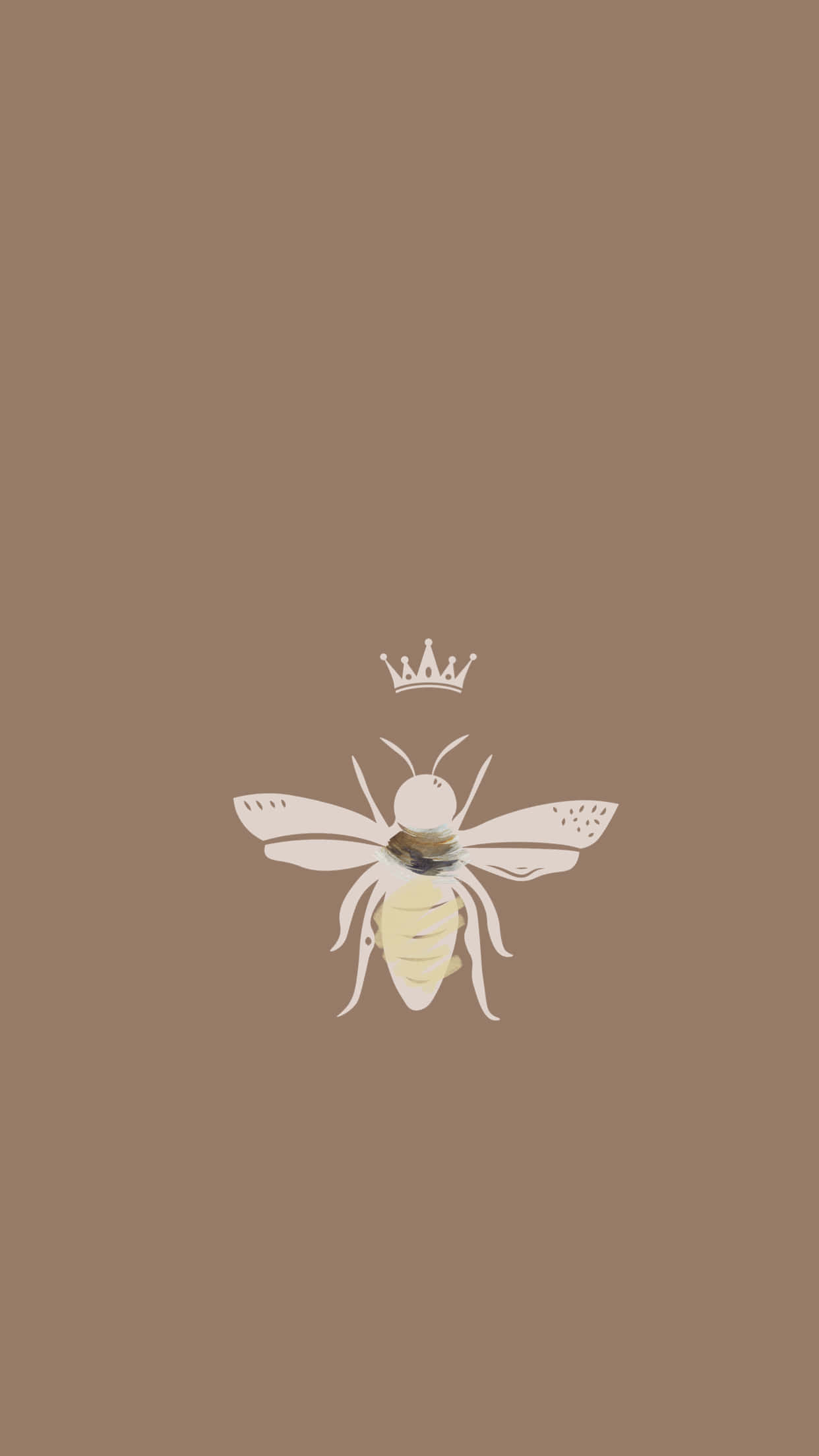 bees 桌布 壁紙 — 一隻戴著皇冠的極簡白色蜜蜂漂浮在純棕色背景上。