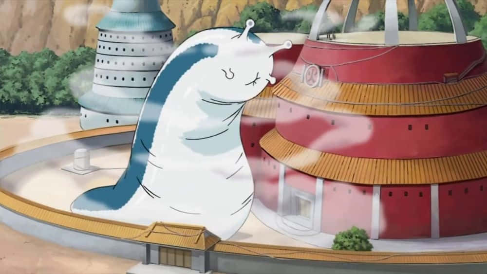 Katsuyu 桌布 壁紙 — 一隻戴著皇冠的白色和藍色大蛞蝓在霧氣瀰漫的動畫村莊中，在紅色寶塔旁邊平靜地休息。