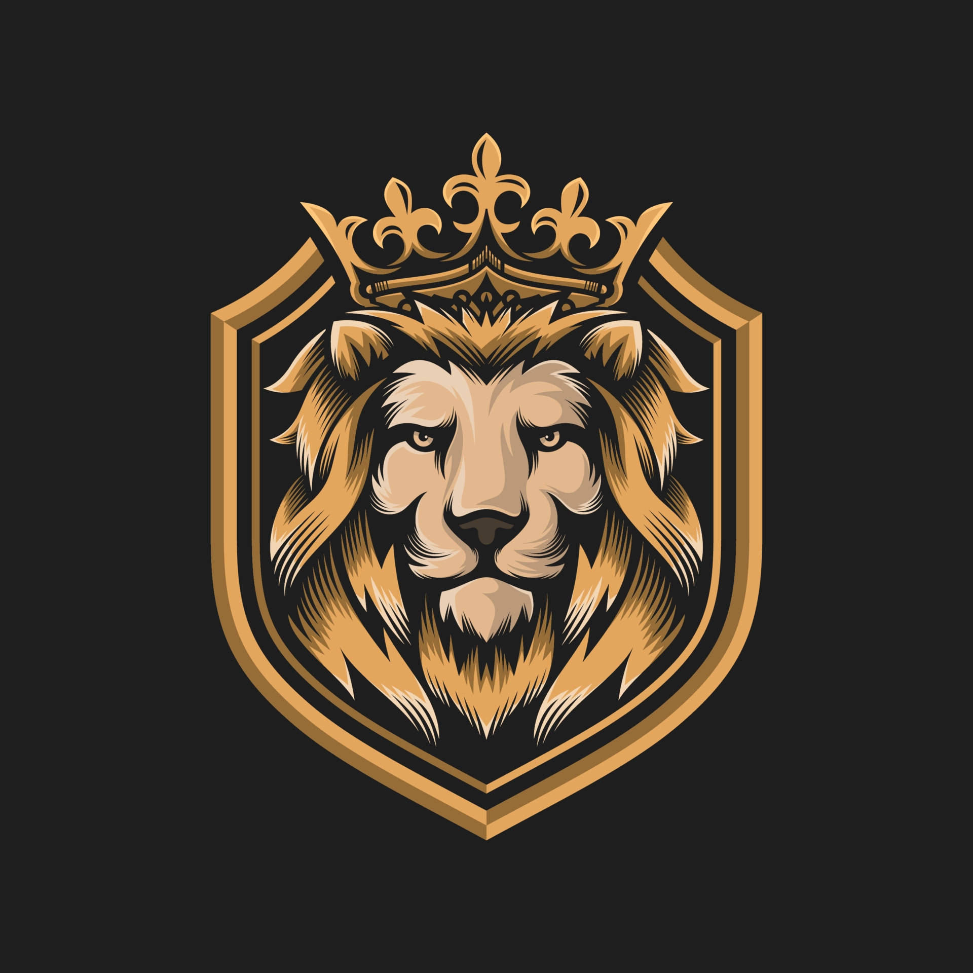 king logo 桌布 壁紙 — 一隻戴著皇冠的雄偉金色獅子，在深色背景的盾牌徽章中威嚴地坐著。