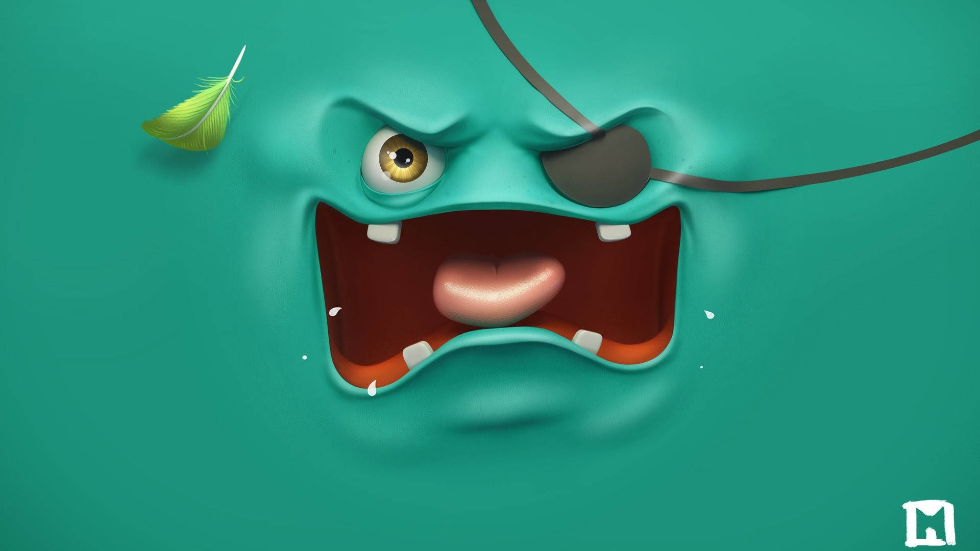 faces 桌布 壁紙 — 一隻戴著眼罩、表情憤怒的藍綠色卡通怪物，在羽毛飛近臉部時咆哮。
