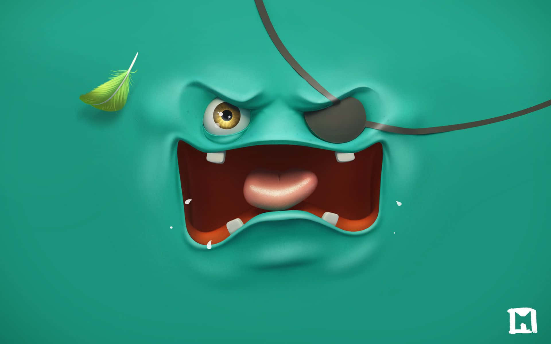 海盜 桌布 壁紙 — 一隻戴著眼罩、表情憤怒的藍綠色卡通怪物，在純藍綠色背景上吐出一根羽毛。