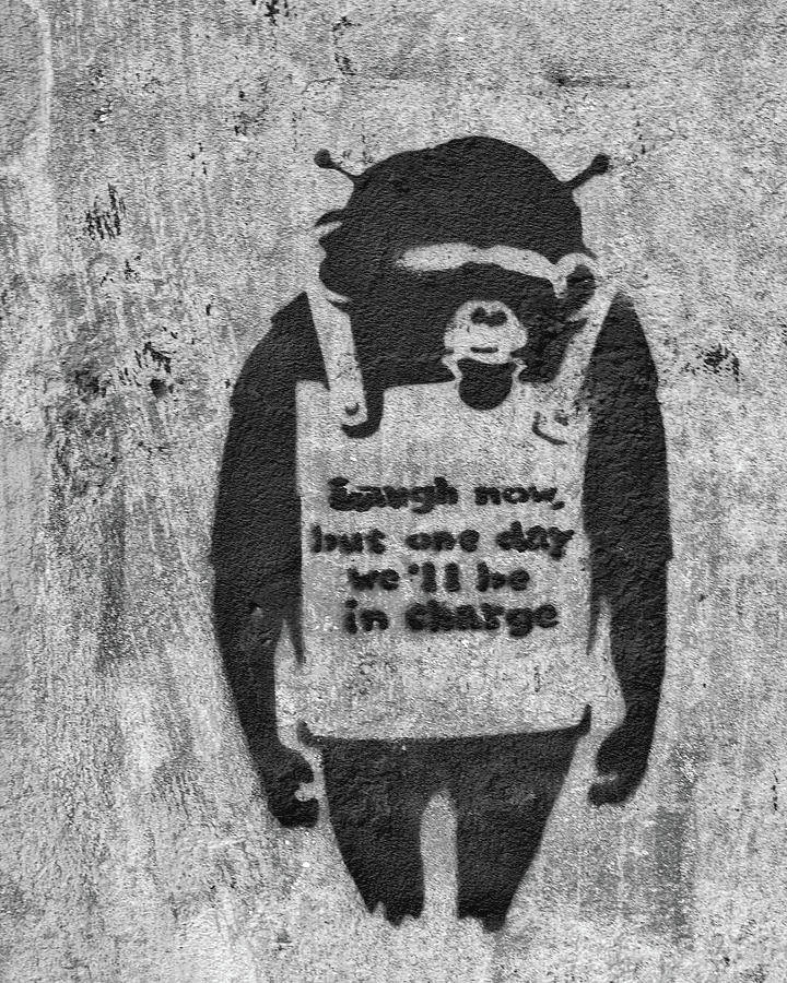 Black And White Graffiti 桌布 壁紙 — 一隻戴著眼罩和圍裙的猴子的黑白模板塗鴉，附有文字，位於有紋理的混凝土牆上。