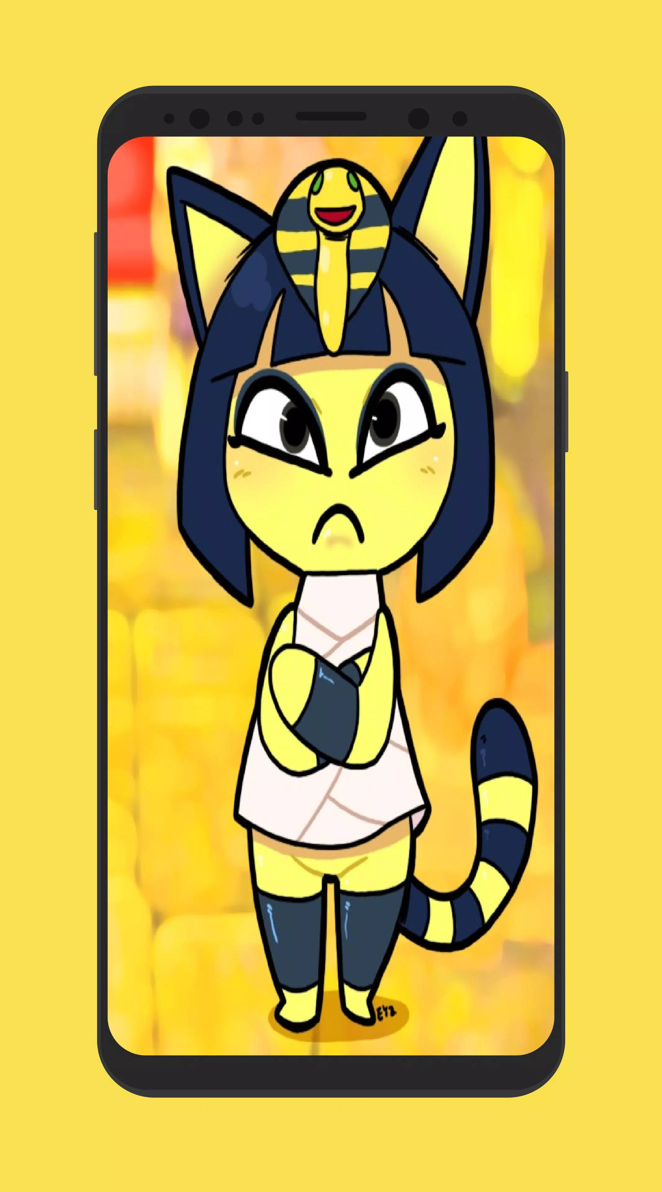 Ankha Animal Crossing 桌布 壁紙 — 一隻戴著眼鏡蛇頭飾、表情憤怒的卡通貓，顯示在黃色背景的智慧型手機螢幕上。