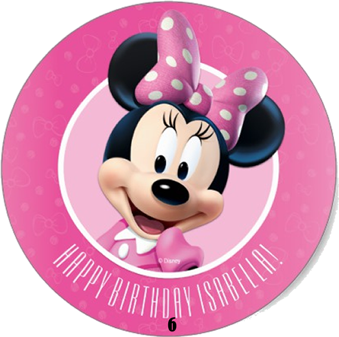 Minnie Mouse Head 桌布 壁紙 — 一隻戴著粉紅色圓點蝴蝶結的開心米妮老鼠，在一個邊緣寫有「Happy Birthday Isabella!」的粉紅色生日盤上微笑。