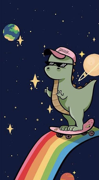 一隻卡通恐龍在外太空的彩虹上玩滑板，周圍有行星和星星。