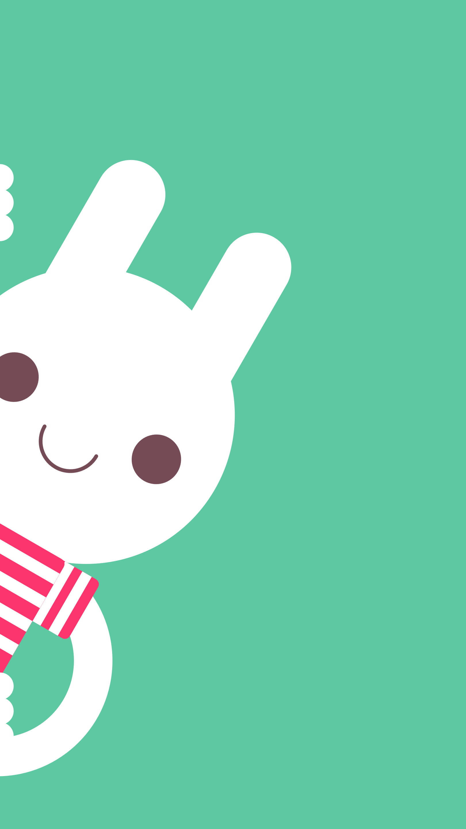 Cute Bunny 桌布 壁紙 — 一隻戴著粉紅色條紋圍巾的簡約白兔從左邊探出頭來，背景是純青色。