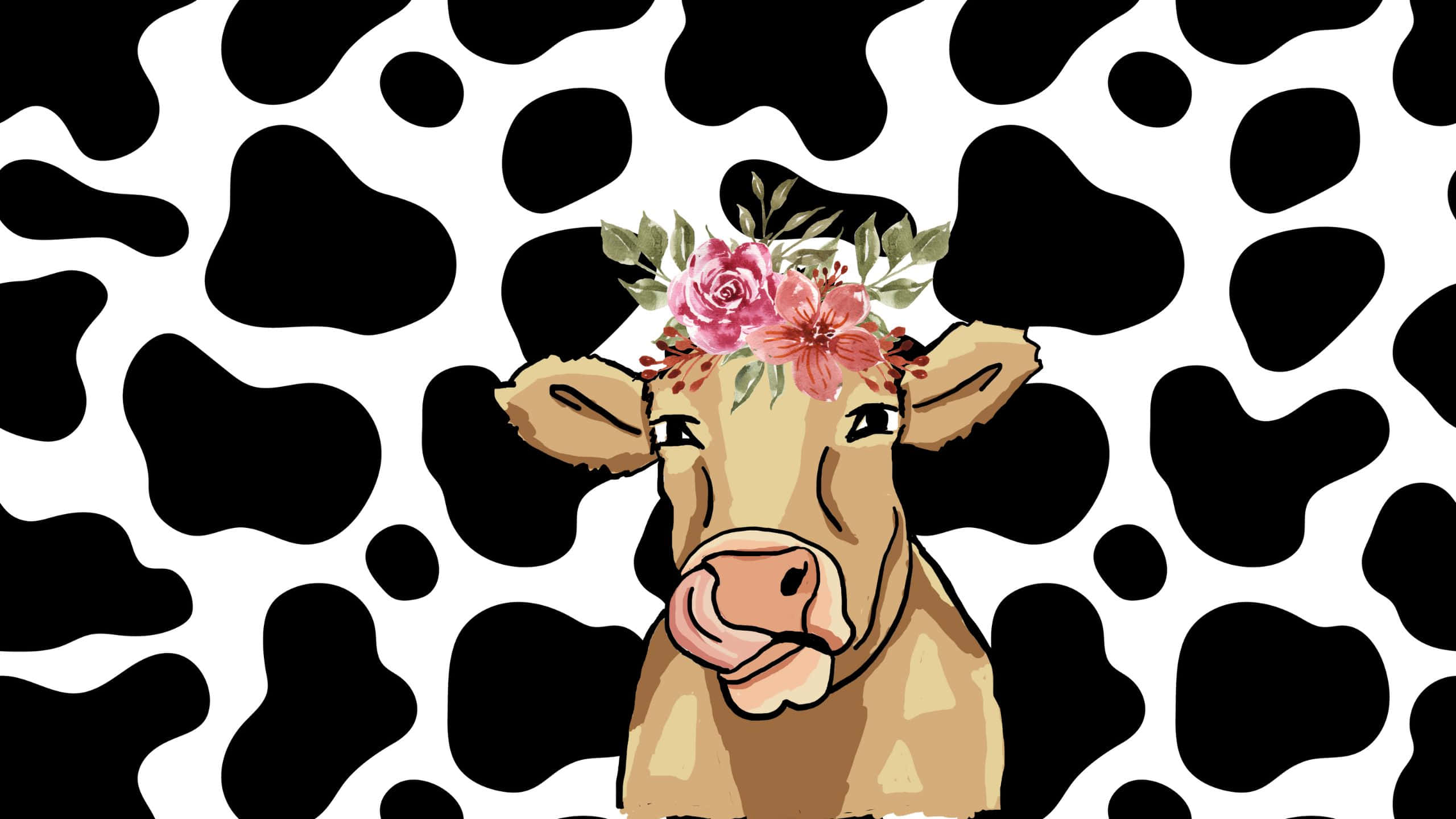 Aesthetic Cow 桌布 壁紙 — 一隻戴著粉紅色花冠的卡通牛站在黑白斑點背景前。