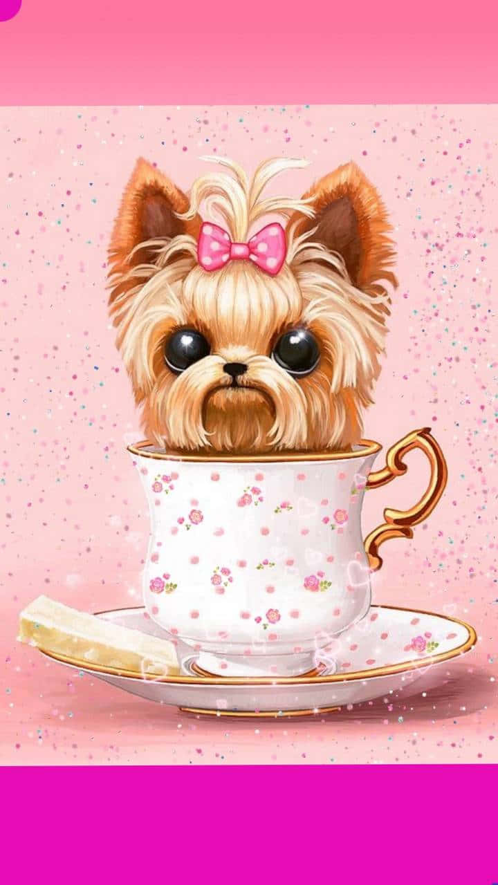 Teacup Yorkie 桌布 壁紙 — 一隻戴著粉紅色蝴蝶結的小約克夏㹴從花茶杯中探出頭來，背景是閃閃發光的粉紅色。