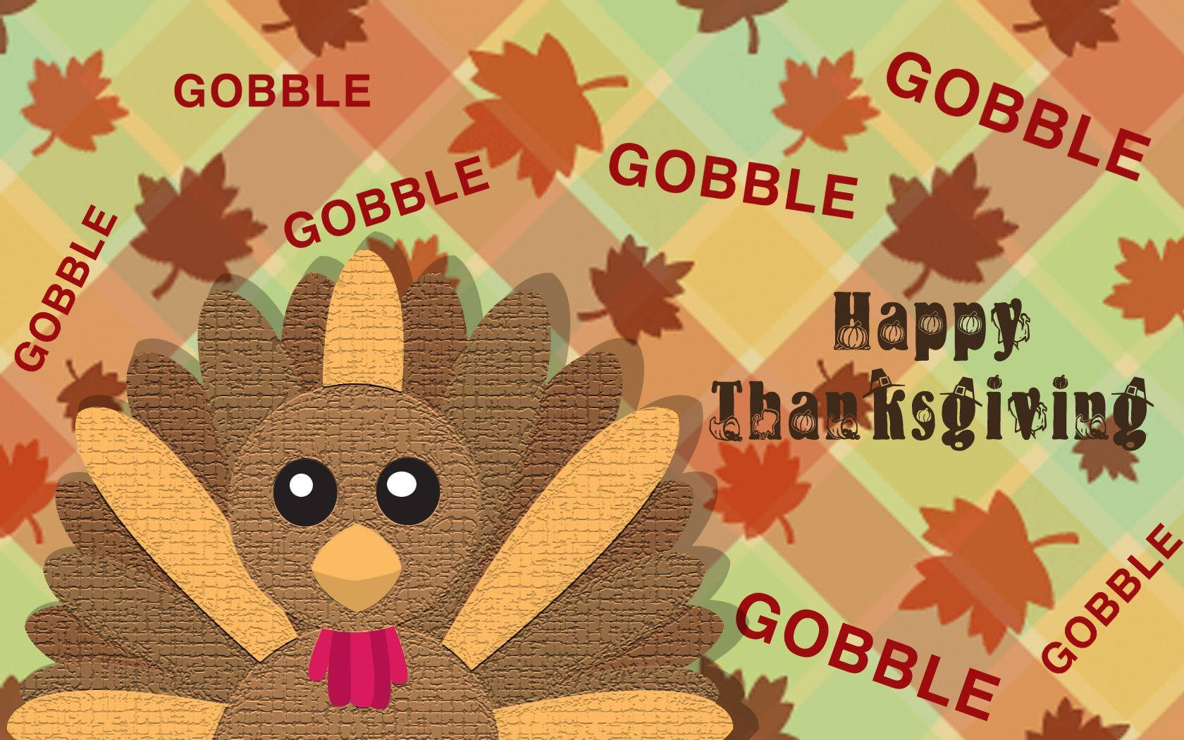 Turkey Happy Thanksgiving 桌布 壁紙 — 一隻戴著粉紅色蝴蝶結的快樂卡通火雞，站在有秋葉和 'Gobble' 文字的格子背景前。
