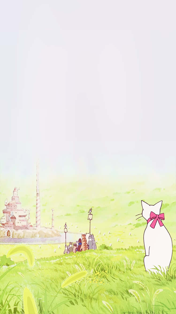 the cat returns 桌布 壁紙 — 一隻戴著粉紅色蝴蝶結的白貓坐在草地上，凝視著遠處的城堡，天空柔和粉彩。