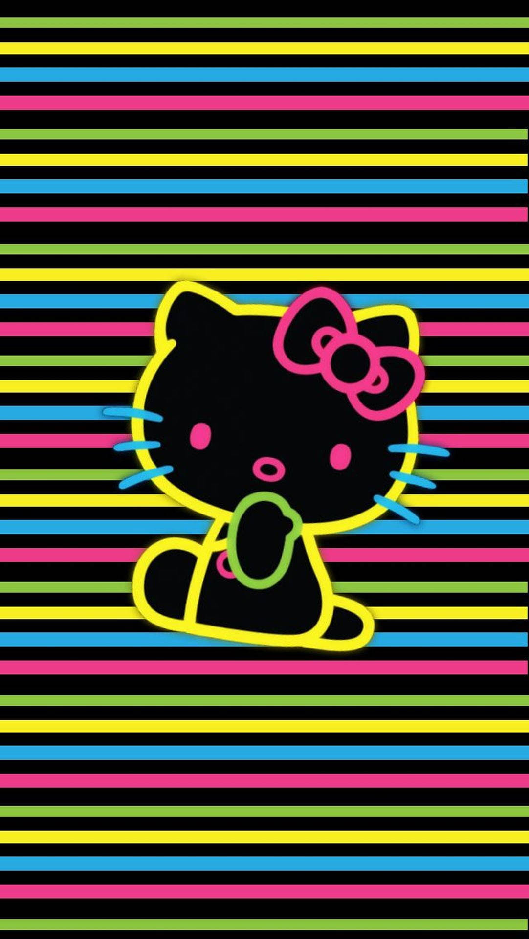 Kitty 桌布 壁紙 — 一隻戴著粉紅色蝴蝶結的黑色卡通貓咪，坐在色彩繽紛的條紋背景中央。
