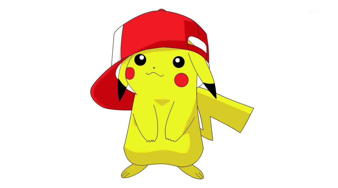 Pokemon Characters 桌布 壁紙 — 一隻戴著紅白棒球帽的開心黃色皮卡丘，站在純白色背景前。